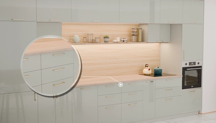 Прямая кухня «Лорен» 4,3 м, фасады AGT HG Onyx Grey 6016, детали фурнитуры