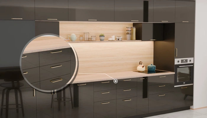 Прямая кухня «Лорен» 4,3 м, фасады AGT HG Anthracite 6022, детали фурнитуры