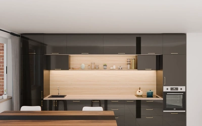 Прямая кухня «Лорен» 4,3 м, фасады AGT HG Anthracite 6022, вид спереди