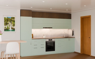Прямая кухня «Элион» 3,4 м, фасады AGT Relax green 735, вид слева