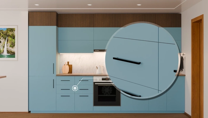 Прямая кухня «Элион» 3,4 м, фасады AGT Ocean Blue 736, детали фурнитуры