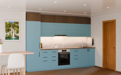 Прямая кухня «Элион» 3,4 м, фасады AGT Ocean Blue 736, вид слева