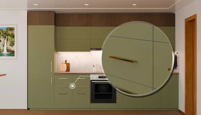 Прямая кухня «Элион» 3,4 м, фасады AGT Olive Green 3097, детали фурнитуры
