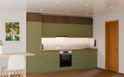 Прямая кухня «Элион» 3,4 м, фасады AGT Olive Green 3097, вид слева