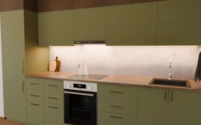 Прямая кухня «Элион» 3,4 м, фасады AGT Olive Green 3097, вид справа