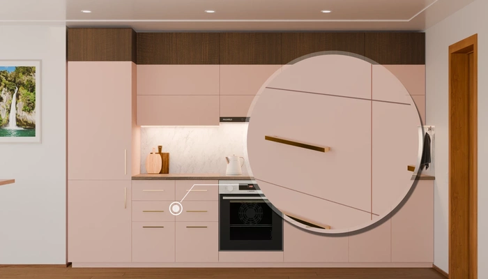 Прямая кухня «Элион» 3,4 м, фасады AGT Sakura Pink 3114, детали фурнитуры
