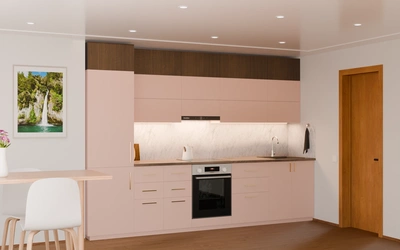 Прямая кухня «Элион» 3,4 м, фасады AGT Sakura Pink 3114, вид слева