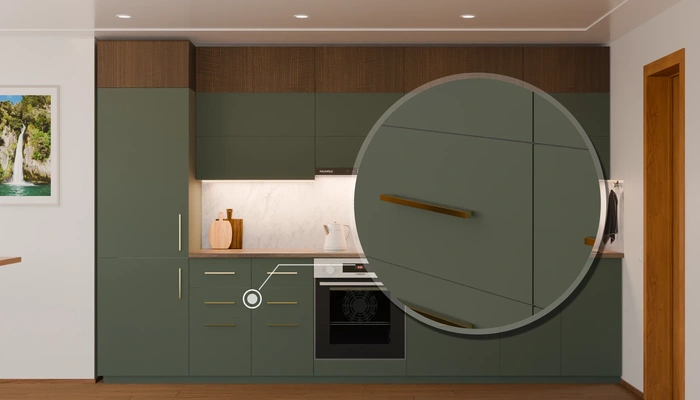 Прямая кухня «Элион» 3,4 м, фасады AGT Forest Green 3027, детали фурнитуры