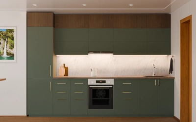 Прямая кухня «Элион» 3,4 м, фасады AGT Forest Green 3027, вид спереди