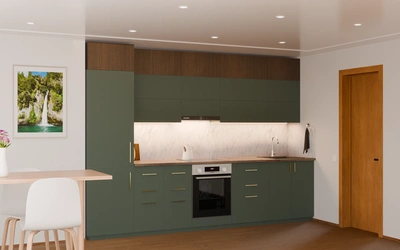 Прямая кухня «Элион» 3,4 м, фасады AGT Forest Green 3027, вид слева
