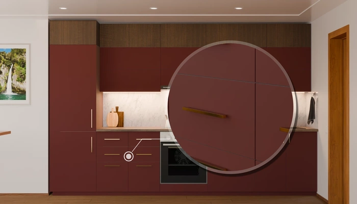 Прямая кухня «Элион» 3,4 м, фасады AGT Rustic Red 3026, детали фурнитуры