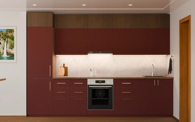 Прямая кухня «Элион» 3,4 м, фасады AGT Rustic Red 3026, вид спереди