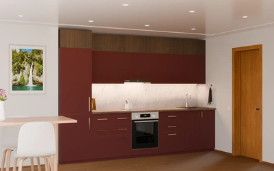 Прямая кухня «Элион» 3,4 м, фасады AGT Rustic Red 3026, вид слева