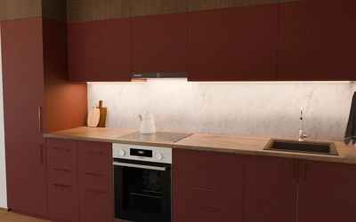 Прямая кухня «Элион» 3,4 м, фасады AGT Rustic Red 3026, вид справа