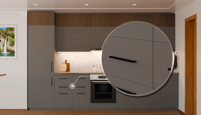 Прямая кухня «Элион» 3,4 м, фасады AGT Royal Grey 3022, детали фурнитуры