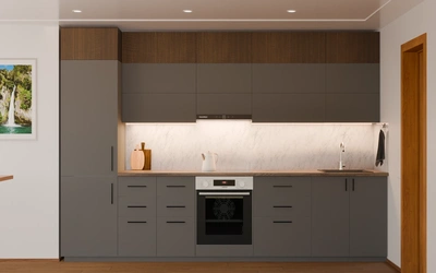 Прямая кухня «Элион» 3,4 м, фасады AGT Royal Grey 3022, вид спереди