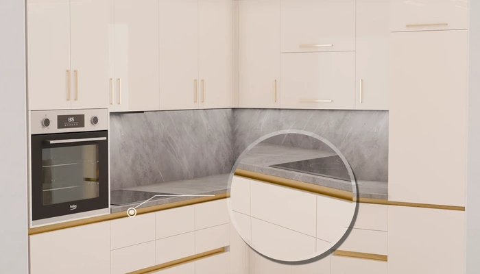 Угловая кухня «Кайлен» 2,7 м × 2,3 м, фасады AGT HG Cream 605, детали фурнитуры