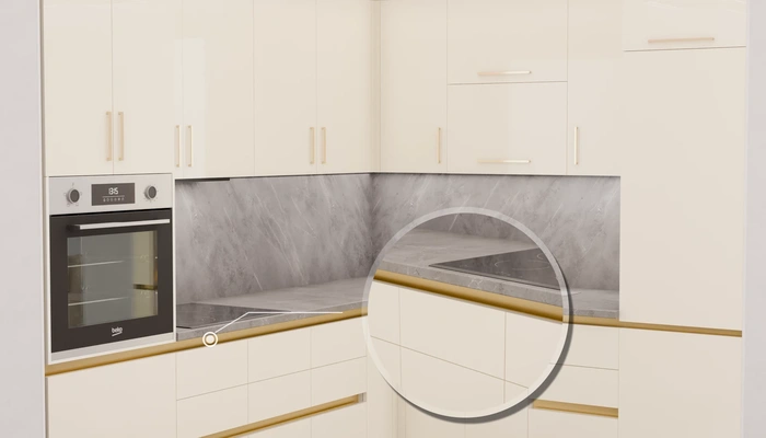 Угловая кухня «Кайлен» 2,7 м × 2,3 м, фасады AGT HG Bianco 647, детали фурнитуры