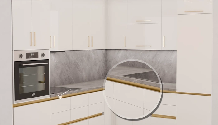 Угловая кухня «Кайлен» 2,7 м × 2,3 м, фасады AGT HG White 601, детали фурнитуры