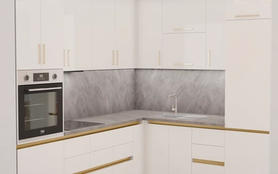Угловая кухня «Кайлен» 2,7 м × 2,3 м, фасады AGT HG White 601, вид слева