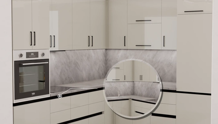 Угловая кухня «Кайлен» 2,7 м × 2,3 м, фасады AGT HG Trend Gray 6020, детали фурнитуры