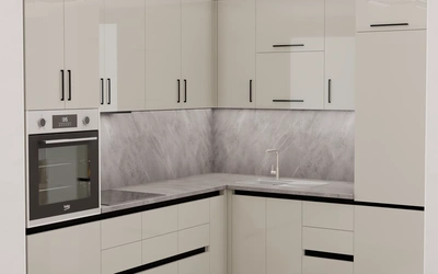 Угловая кухня «Кайлен» 2,7 м × 2,3 м, фасады AGT HG Trend Gray 6020, вид слева