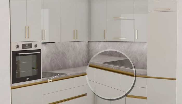 Угловая кухня «Кайлен» 2,7 м × 2,3 м, фасады AGT HG Chrome Gray 6021, детали фурнитуры