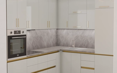 Угловая кухня «Кайлен» 2,7 м × 2,3 м, фасады AGT HG Chrome Gray 6021, вид слева