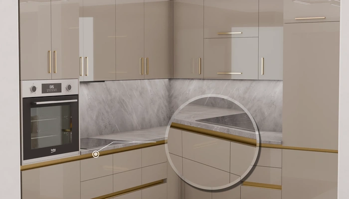Угловая кухня «Кайлен» 2,7 м × 2,3 м, фасады AGT HG Diamond Gray 6015, детали фурнитуры