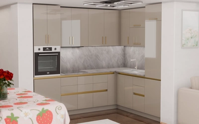 Угловая кухня «Кайлен» 2,7 м × 2,3 м, фасады AGT HG Diamond Gray 6015, общий план