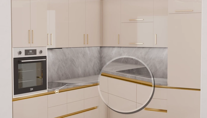 Угловая кухня «Кайлен» 2,7 м × 2,3 м, фасады AGT HG Deluxe Gray 6008, детали фурнитуры