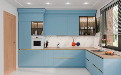 Угловая кухня 3,8 × 2,7 м с окном, фасады AGT в цвете океанский синий / AGT Ocean Blue 736 — вид спереди