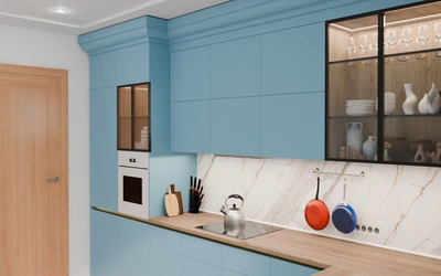 Угловая кухня 3,8 × 2,7 м с окном, фасады AGT в цвете океанский синий / AGT Ocean Blue 736 — вид справа
