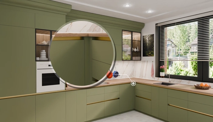 Угловая кухня 3,8 × 2,7 м с окном, фасады AGT в цвете оливковый зелёный / Olive Green 3097 — детали фурнитуры