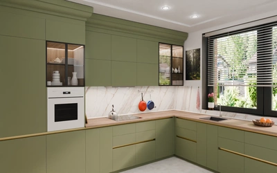 Угловая кухня 3,8 × 2,7 м с окном, фасады AGT в цвете оливковый зелёный / Olive Green 3097 — вид слева