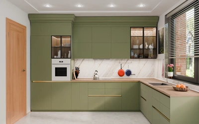 Угловая кухня 3,8 × 2,7 м с окном, фасады AGT в цвете оливковый зелёный / Olive Green 3097 — вид спереди