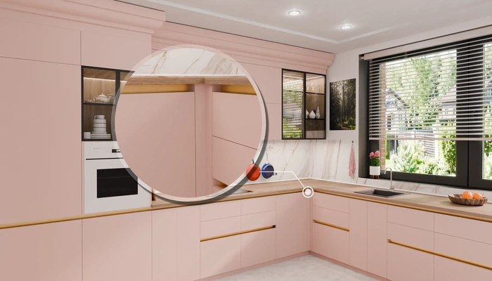 Угловая кухня 3,8 × 2,7 м с окном, фасады AGT в цвете розовая сакура / Sakura Pink 3114 — детали фурнитуры