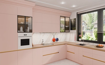Угловая кухня 3,8 × 2,7 м с окном, фасады AGT в цвете розовая сакура / Sakura Pink 3114 — вид слева