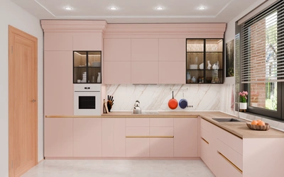 Угловая кухня 3,8 × 2,7 м с окном, фасады AGT в цвете розовая сакура / Sakura Pink 3114 — вид спереди