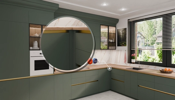 Угловая кухня 3,8 × 2,7 м с окном, фасады AGT в цвете лесной зелёный / Forest Green 3027 — детали фурнитуры