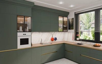 Угловая кухня 3,8 × 2,7 м с окном, фасады AGT в цвете лесной зелёный / Forest Green 3027 — вид слева