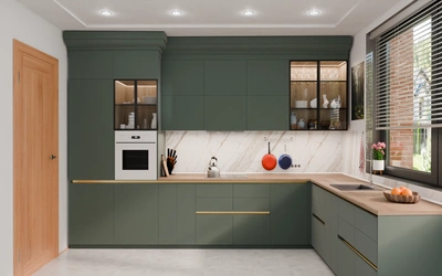 Угловая кухня 3,8 × 2,7 м с окном, фасады AGT в цвете лесной зелёный / Forest Green 3027 — вид спереди