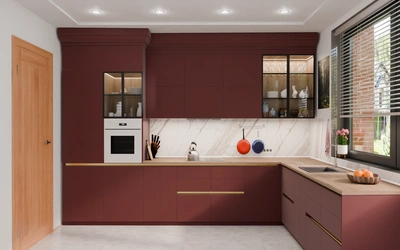 Угловая кухня 3,8 × 2,7 м с окном, фасады AGT в цвете тёмный терракотовый / Rustic Red 3026 — вид спереди