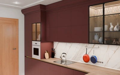 Угловая кухня 3,8 × 2,7 м с окном, фасады AGT в цвете тёмный терракотовый / Rustic Red 3026 — вид справа