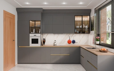 Угловая кухня 3,8 × 2,7 м с окном, фасады AGT в цвете графитовый серый / Royal Grey 3022 — вид спереди