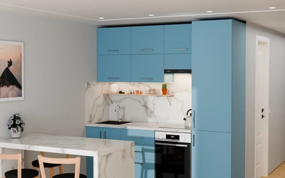 Кухня 2,2 м для студии, цвет Ocean Blue 736, вид справа под углом