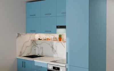 Кухня 2,2 м для студии, цвет Ocean Blue 736, вид справа