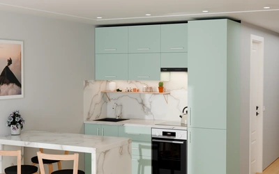 Кухня 2,2 м для студии, цвет Relax Green 735, вид справа под углом
