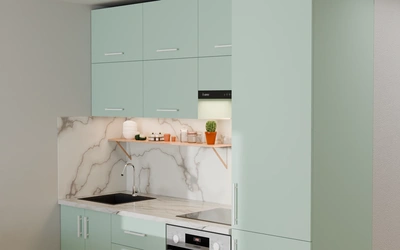 Кухня 2,2 м для студии, цвет Relax Green 735, вид справа