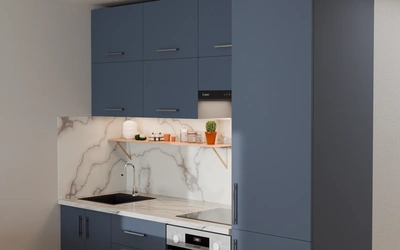 Кухня 2,2 м для студии, цвет Sky Blue 3091, вид справа